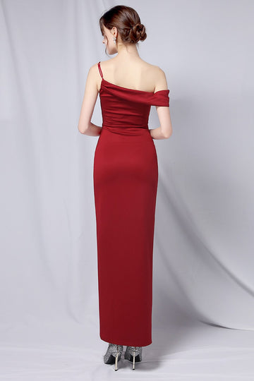 Burgundy One Shoulder Formal Dress with Slit